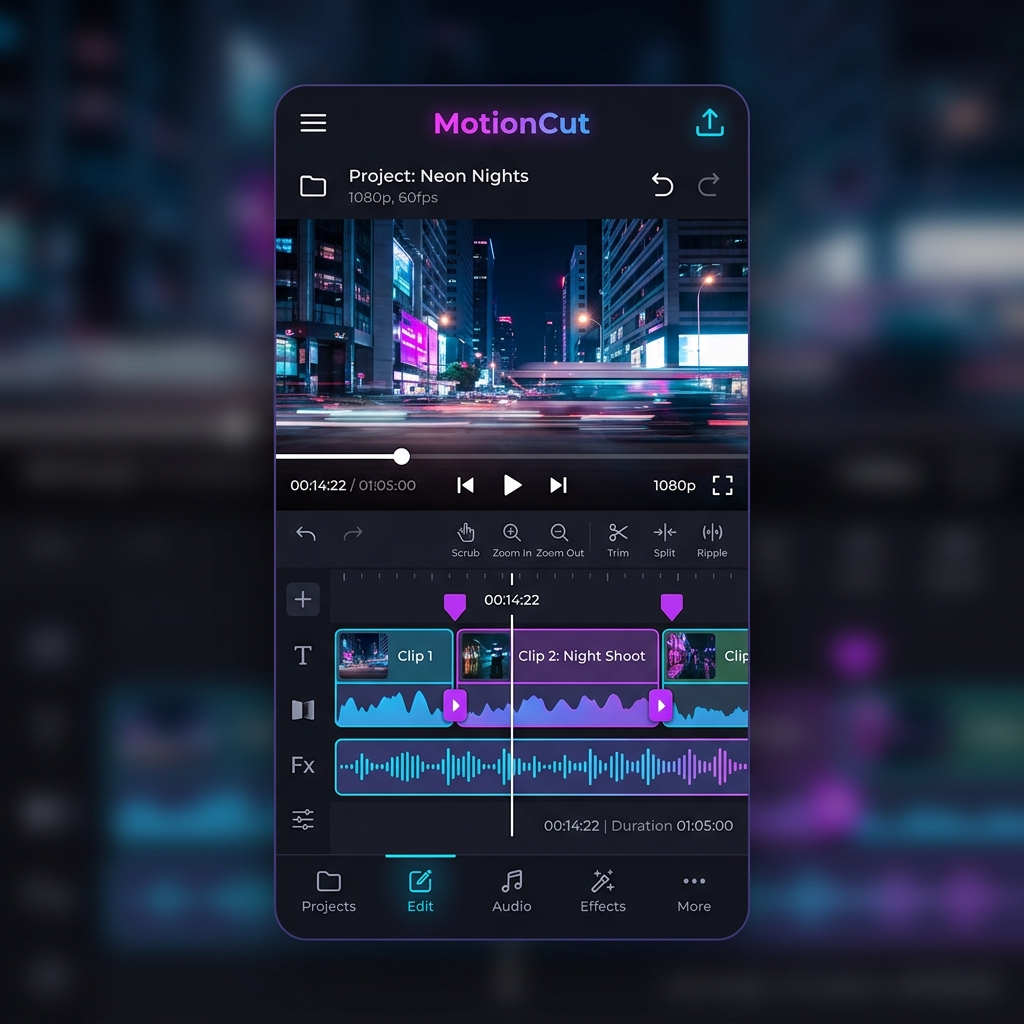 MotionCut App Interface showing the video timeline editor